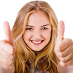 Closeup of women showing thumbs up in both hands